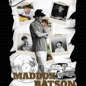 May include: A black t-shirt featuring a collage of five photographs of a person, a vintage car, and a vinyl record graphic. The text "MADDOX BATSON" is printed in large, brown, block-style letters at the bottom of the design on a white scroll background.