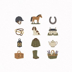 Puede incluir: Una colección de doce iconos bordados que incluyen un casco de equitación negro, un caballo marrón, una herradura gris, una brida marrón, un spaniel marrón y blanco, una casa de piedra, un farol negro, una chaqueta verde, una tetera, una cesta, botas y flores.