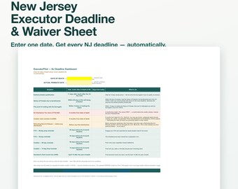 NJ-checklist voor uitvoerder en calculator voor deadline nalatenschap | Tijdlijn nalatenschap New Jersey, successiebelasting: vrijstelling L-8 | Excel + Google Spreadsheets