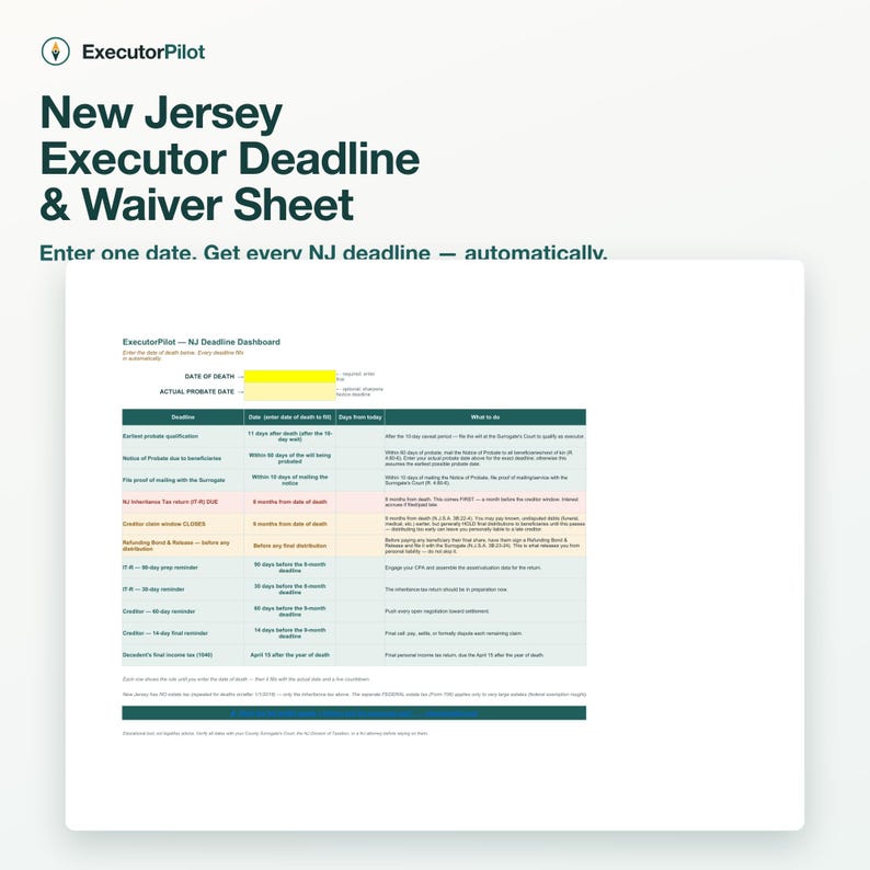 May include: A digital document titled New Jersey Executor Deadline & Waiver Sheet by ExecutorPilot. It features a table with columns for deadline, date, and tasks, including fields for date of death and probate date to calculate legal timelines.