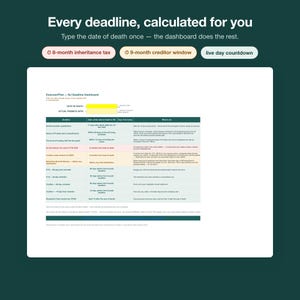 May include: A digital dashboard titled ExecutorPilot NJ Deadline Dashboard on a dark green background. The interface features text fields for date of death and probate date, followed by a table listing various legal deadlines and tasks.