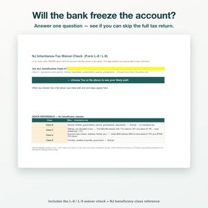 May include: A digital document titled Will the bank freeze the account? featuring an NJ Inheritance-Tax Waiver Check Form L-8 / L-9. It includes a yellow highlighted question about Class A beneficiaries and a table detailing NJ beneficiary classes.