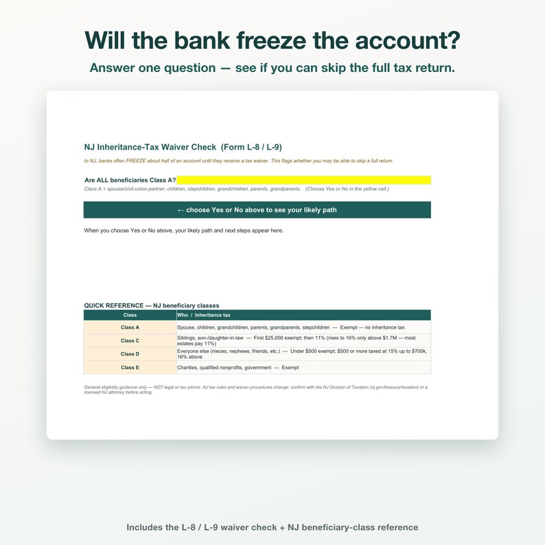 May include: A digital document titled Will the bank freeze the account? featuring an NJ Inheritance-Tax Waiver Check Form L-8 / L-9. It includes a yellow highlighted question about Class A beneficiaries and a table detailing NJ beneficiary classes.