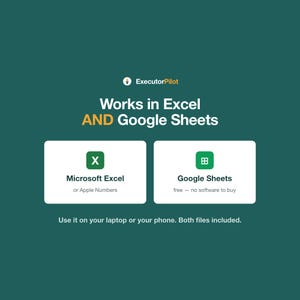 May include: A dark green digital graphic with the text ExecutorPilot, Works in Excel AND Google Sheets. Two white boxes display icons for Microsoft Excel or Apple Numbers and Google Sheets. Text below states: Use it on your laptop or your phone.