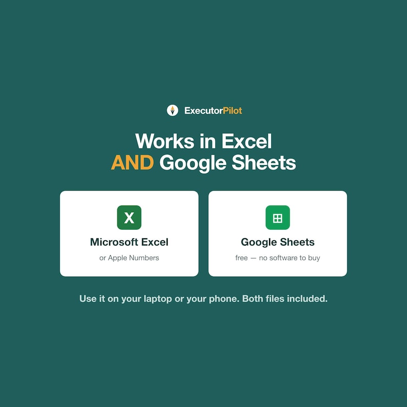 May include: A dark green digital graphic with the text ExecutorPilot, Works in Excel AND Google Sheets. Two white boxes display icons for Microsoft Excel or Apple Numbers and Google Sheets. Text below states: Use it on your laptop or your phone.