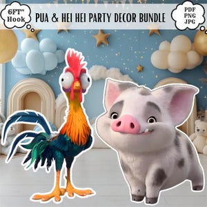 Könnte beinhalten: Ein digitales Party-Deko-Set mit dem Schwein Pua und dem Hahn Hei Hei. Die Grafik enthält den Text PUA & HEI HEI PARTY DECOR BUNDLE, 6FT HOOK, PDF, PNG und JPG. Die Figuren sind vor einem blauen Hintergrund dargestellt.