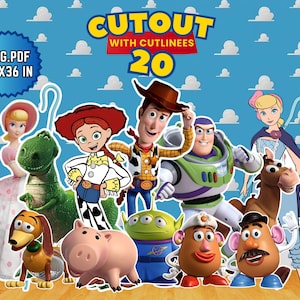 Może przedstawiać: Cyfrowa grafika przedstawiająca postacie z Toy Story, w tym Chudego, Buzza Astrala, Jessie, Rexa, Cienkiego, Hamm, Pastereczkę, Bystrego oraz Pana i Panią Bulwę na niebieskim tle w chmury. Tekst głosi CUTOUT WITH CUTLINEES 20 oraz PNG.PDF 24X36 IN.