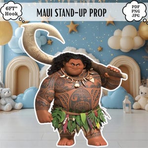 May include: A Maui stand-up prop featuring a character with dark curly hair, extensive brown tribal tattoos, a necklace with white teeth, and a green leaf skirt. The character holds a large, curved, textured tan hook over the shoulder.