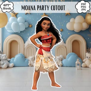 Peut inclure: Une découpe de fête Moana représentant le personnage aux longs cheveux noirs, portant un haut rouge à motifs, une jupe beige à franges et un collier bleu. La découpe mesure 6 pieds de haut et inclut un crochet. Le texte indique MOANA PARTY CUTOUT.