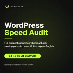 May include: A black graphic with a grid pattern featuring the text WPCRAFTSTUDIO, WordPress Speed Audit, Full diagnostic report on what is actually slowing your site down. Written in plain English., 24-48 HOUR DELIVERY, and No obligation to hire me for the fix.