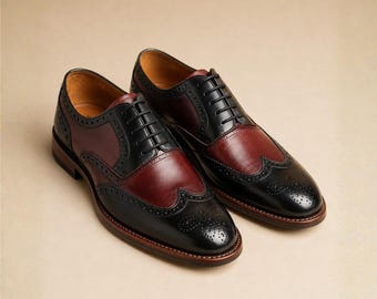 Men’s Two Tone Leather Brogue Oxford Shoes, Handmade Wingtip Lace Up Dress Shoes