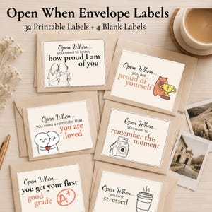 May include: A set of Open When envelope labels featuring 32 printable and 4 blank stickers. Each label displays unique text and illustrations, including a bear with a trophy, a camera, and a coffee cup, printed on cream-colored paper with black text.