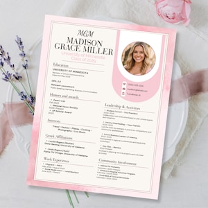 Peut inclure: Un modèle de CV avec une bordure aquarelle rose pâle et un emplacement circulaire pour photo. Le document comprend des sections pour l'éducation, les distinctions, les intérêts et l'expérience professionnelle, avec le nom Madison Grace Miller.