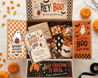 Retro Halloween College Care Package Printable | Spooky Box Flaps, Gift Tags & Note Card | College Student Gift