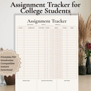 Könnte beinhalten: Ein druckbares Aufgabenverfolgungsdokument für Studenten mit einem Rasterlayout, das Spalten für Kurs, Aufgabe, Fälligkeitsdatum, Priorität, Status, Note und Notizen sowie Abschnitte für wöchentliche Ziele, wichtige Erinnerungen und nächste Woche enthält.