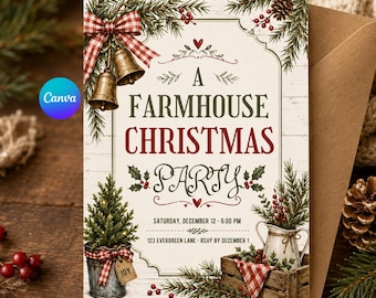 May include: A rectangular Christmas party invitation card featuring a white wood-grain background, green pine branches, red berries, and a red-and-white checkered bow with two gold bells. Text reads A FARMHOUSE CHRISTMAS PARTY.