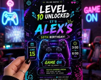 Editable Neon Glow Birthday Invitation Canva Template, Boys Teens Neon Cute Fun DIY Chic Kids Teen Party Invite, Printable Digital Download.