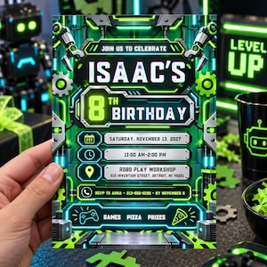May include: A rectangular birthday invitation card featuring a neon green and black robotic theme. The text reads: JOIN US TO CELEBRATE ISAAC'S 8TH BIRTHDAY, SATURDAY, NOVEMBER 13, 2027, 11:00 AM-2:00 PM, ROBO PLAY WORKSHOP, 515 INVENTION STREET, DETROIT, MI 48201.