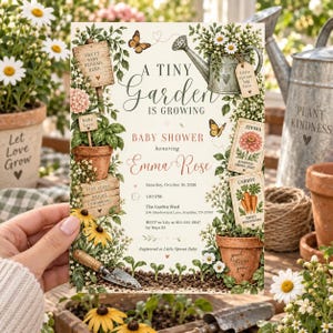 Puede incluir: Una tarjeta de invitación para baby shower con ilustraciones de jardín que incluyen plantas en macetas, una regadera, mariposas y una paleta de mano. El texto dice: A TINY GARDEN IS GROWING, BABY SHOWER honoring Emma Rose, Saturday, October 10, 2026, 1:30 PM.