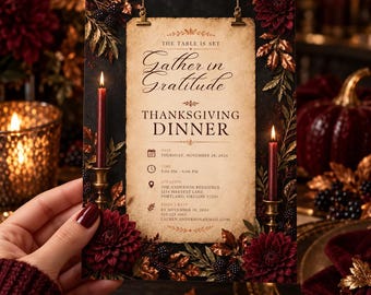 May include: A rectangular Thanksgiving dinner invitation card featuring a central parchment-style paper held by gold clips. The text reads: The Table Is Set, Gather in Gratitude, Thanksgiving Dinner, Thursday, November 28, 2024, 5:00 PM - 9:00 PM, The Anderson Residence, 1234 Lane, Portland, Oregon 97201, RSVP by November 18, 2024, 555-123-4367, Lauren.Anderson@email.com. The border is decorated with dark red dahlias, blackberries, and copper-colored leaves, with two lit burgundy taper candles in gold holders.