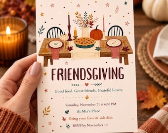 May include: A rectangular Friendsgiving invitation card featuring an illustration of a wooden dining table set for a meal with a pie, pumpkins, and candles. The text reads: Friendsgiving, Good food. Great friends. Grateful hearts. Saturday, November 21 at 6:30 PM, At Mia's Place, Bring your favorite side dish, RSVP by November 10.