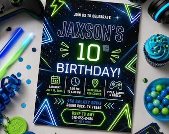 Editable Neon Glow Birthday Invitation Canva Template, Boys Teens Neon Cute Fun DIY Chic Kids Teen Party Invite, Printable Digital Download.