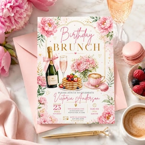 May include: A rectangular birthday brunch invitation card featuring pink peonies, a champagne bottle with a pink bow, a stack of pancakes with berries, and a coffee cup. The text reads Birthday Brunch, Victoria Anderson, August 23, 2025, and event details.