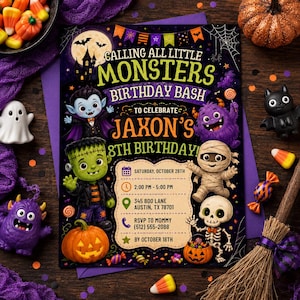 Op de afbeelding: Een rechthoekige verjaardagsuitnodiging met Halloween-thema, voorzien van cartoonmonsters, een vampier, een mummie en een skelet. De tekst luidt: Calling All Little Monsters Birthday Bash to celebrate Jaxon's 8th Birthday, October 26th.