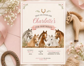 Editable Horse Riding Birthday Invitation Canva Template, Boho Floral Girls Kids Cute Fun DIY Chic Party Invite, Printable Digital Download.