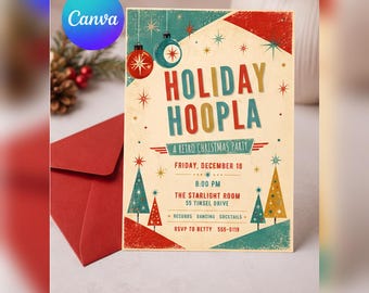 Op de afbeelding: Een rechthoekige uitnodigingskaart met een crèmekleurige achtergrond en de tekst HOLIDAY HOOPLA A RETRO CHRISTMAS PARTY. Het ontwerp bevat rode en blauwgroene kerstballen, gestileerde kerstbomen en sterren. Een rode envelop ligt links.