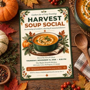 May include: A rectangular event flyer titled Harvest Soup Social with a central illustration of a green pot of orange soup. The text includes the date Thursday, November 14, 2026, at 6:30 PM, location The Maple Hearth Kitchen, and RSVP details.