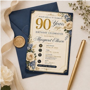 Op de afbeelding: Een uitnodigingskaart voor een 90e verjaardag met een crèmekleurige achtergrond, gouden tekst en blauwe bloemaccenten. De tekst luidt: 90 Years ago Birthday Celebration Honoring Margaret Ellison, Saturday June 28, 2025, 2:00 PM - 6:00 PM, The Garden View Room.
