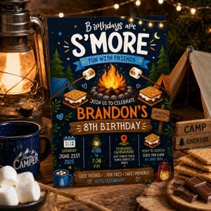 Puede incluir: Una tarjeta de invitación de cumpleaños rectangular con un fondo de cielo nocturno azul oscuro, una fogata, s'mores y pinos. El texto dice: Birthdays are S'MORE fun with friends, join us to celebrate Brandon's 8th birthday, June 21st 2025.