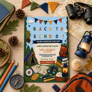 Camping Back to School Invitation Canva Template, Editable Outdoor School Adventure Party Invite, Woodland Classroom Kickoff