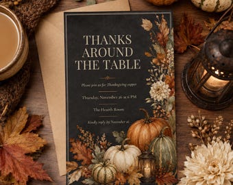 May include: A rectangular Thanksgiving invitation card with a dark background featuring the text THANKS AROUND THE TABLE, Please join us for Thanksgiving supper, Thursday, November 26 at 6 PM, The Hearth Room, and Kindly reply by November 16.