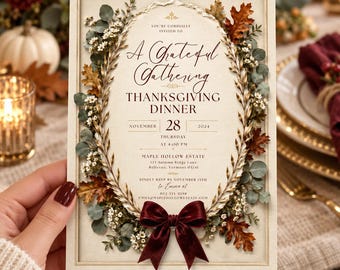 May include: A rectangular invitation card with a cream background featuring a central oval wreath of autumn leaves, eucalyptus, and white flowers. It includes text for a Thanksgiving dinner on November 28, 2024, and a dark red velvet bow at the bottom.