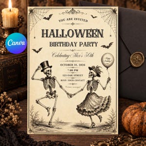 以下が含まれることがあります： ヴィンテージスタイルのハロウィーン誕生日パーティーの招待状。シルクハットをかぶった骸骨とドレスを着た骸骨が踊るイラストが描かれ、クモの巣、コウモリ、そして「You Are Invited, Halloween Birthday Party, Celebrating Alex's 30th, October 31, 2026」という文字が記されています。