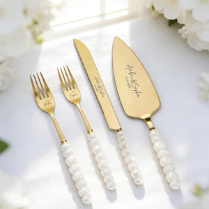 Personalized Wedding Cake 4 Set，Laser Engraved  Custom Engraved Serving Silverware  Wedding gift for the bride，Pearl handle Engagement gift