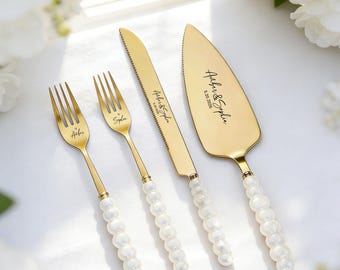 Personalisierte Hochzeitstorte 4er Set ， Laser gravierte individuell gravierte Servierbesteck Hochzeitsgeschenk für die Braut ， Perlengriff Verlobungsgeschenk