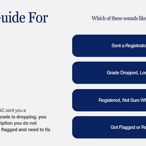 May include: A digital interface featuring the text Is This Guide For You? and Which of these sounds like you right now? with four dark blue buttons labeled Sent a Registration Link, Grade Dropped, Losing Bids, Registered, Not Sure What's Needed, and Got Flagged or Rejected.
