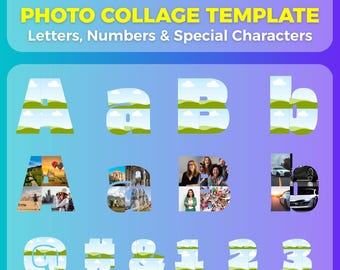 Canva fotokollagemall med bokstäver, siffror och specialtecken - redigerbar mockup-alfabetsram