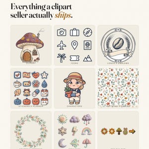 May include: A digital graphic design collection titled Nine Decks featuring nine categorized squares: a mushroom house, travel icons, a coffee emblem, planner stickers, a character with a plant, floral patterns, a leaf wreath, weather icons, and set builder elements.
