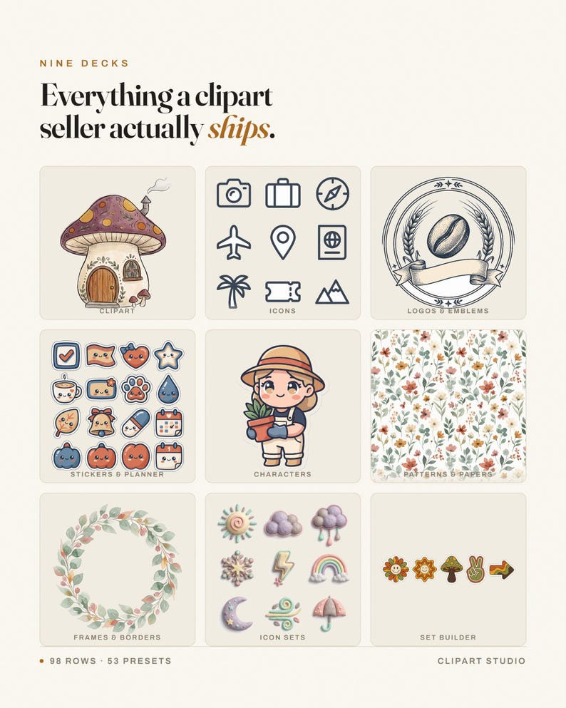 May include: A digital graphic design collection titled Nine Decks featuring nine categorized squares: a mushroom house, travel icons, a coffee emblem, planner stickers, a character with a plant, floral patterns, a leaf wreath, weather icons, and set builder elements.