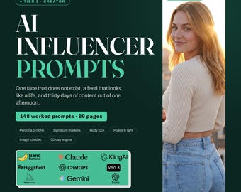 140+ AI Influencer Prompts, AI Video Prompt Guide, Builder Creator, Content Calendar, Faceless