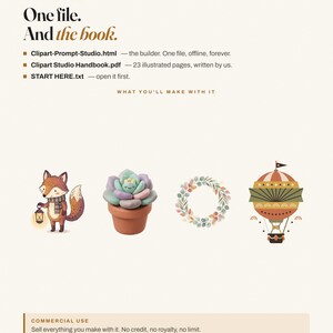 May include: A digital product listing featuring text that reads: WHAT YOU GET, One file. And the book., Clipart-Prompt-Studio.html, Clipart Studio Handbook.pdf, START HERE.txt, WHAT YOU'LL MAKE WITH IT, and COMMERCIAL USE. Includes illustrations of a fox, succulent, wreath, and hot air balloon.