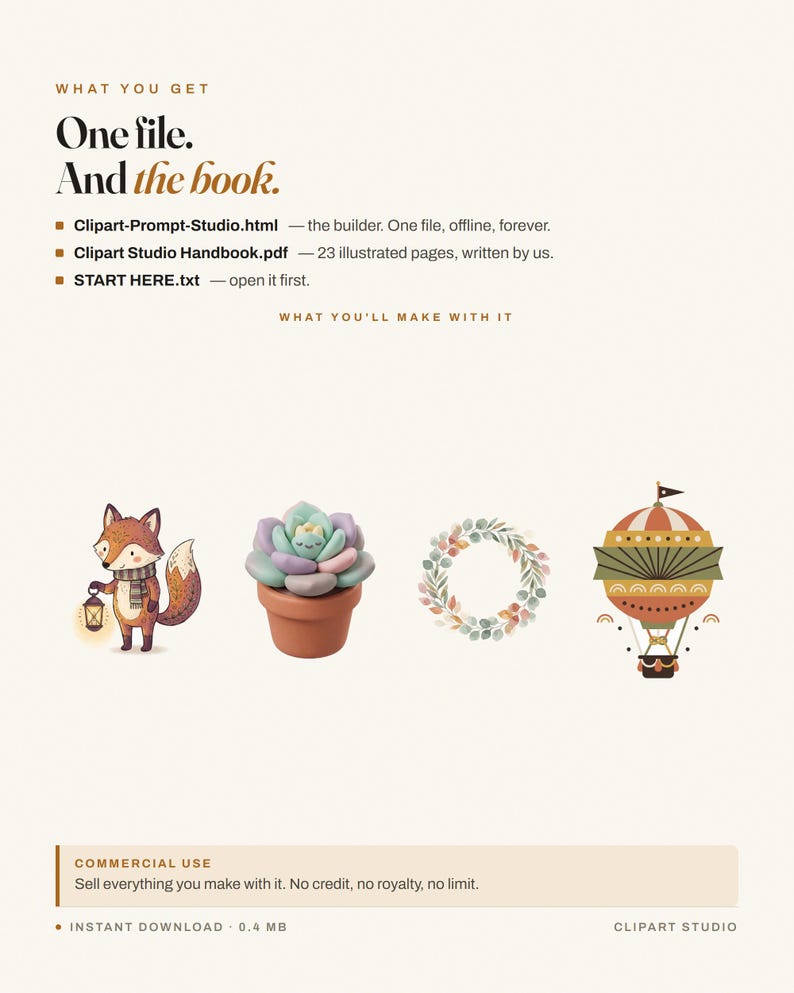 May include: A digital product listing featuring text that reads: WHAT YOU GET, One file. And the book., Clipart-Prompt-Studio.html, Clipart Studio Handbook.pdf, START HERE.txt, WHAT YOU'LL MAKE WITH IT, and COMMERCIAL USE. Includes illustrations of a fox, succulent, wreath, and hot air balloon.