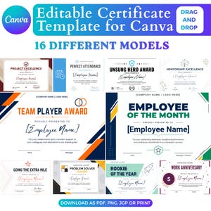Pode incluir: Uma coleção de 16 modelos de certificados editáveis para Canva com vários designs de prêmios profissionais. Os layouts incluem títulos como Project Excellence, Team Player Award e Employee of the Month com espaços para nomes.