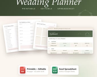 Bröllopsplanerare Utskrivbar och redigerbar (PDF, Excel eller Google Sheets) | Direktnedladdning