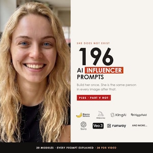 May include: A digital graphic featuring a smiling blonde person on the left and text on the right reading: SHE DOES NOT EXIST 196 AI INFLUENCER PROMPTS. Build her once. She is the same person in every image after that. PLUS PART V HOT. Includes logos for AI tools.