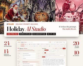 May include: A digital software interface titled Holiday AI Studio featuring a prompt builder for holiday imagery. The display shows a web-based tool with text fields, dropdown menus, and a preview of generated art including Santa, pumpkins, and birds.
